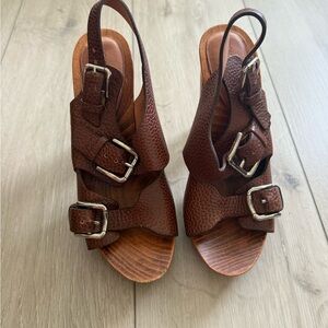 Dolce Gabanna Zoccolo Jungle Brown Leather Buckled Wooden Clog Sandals Size 36